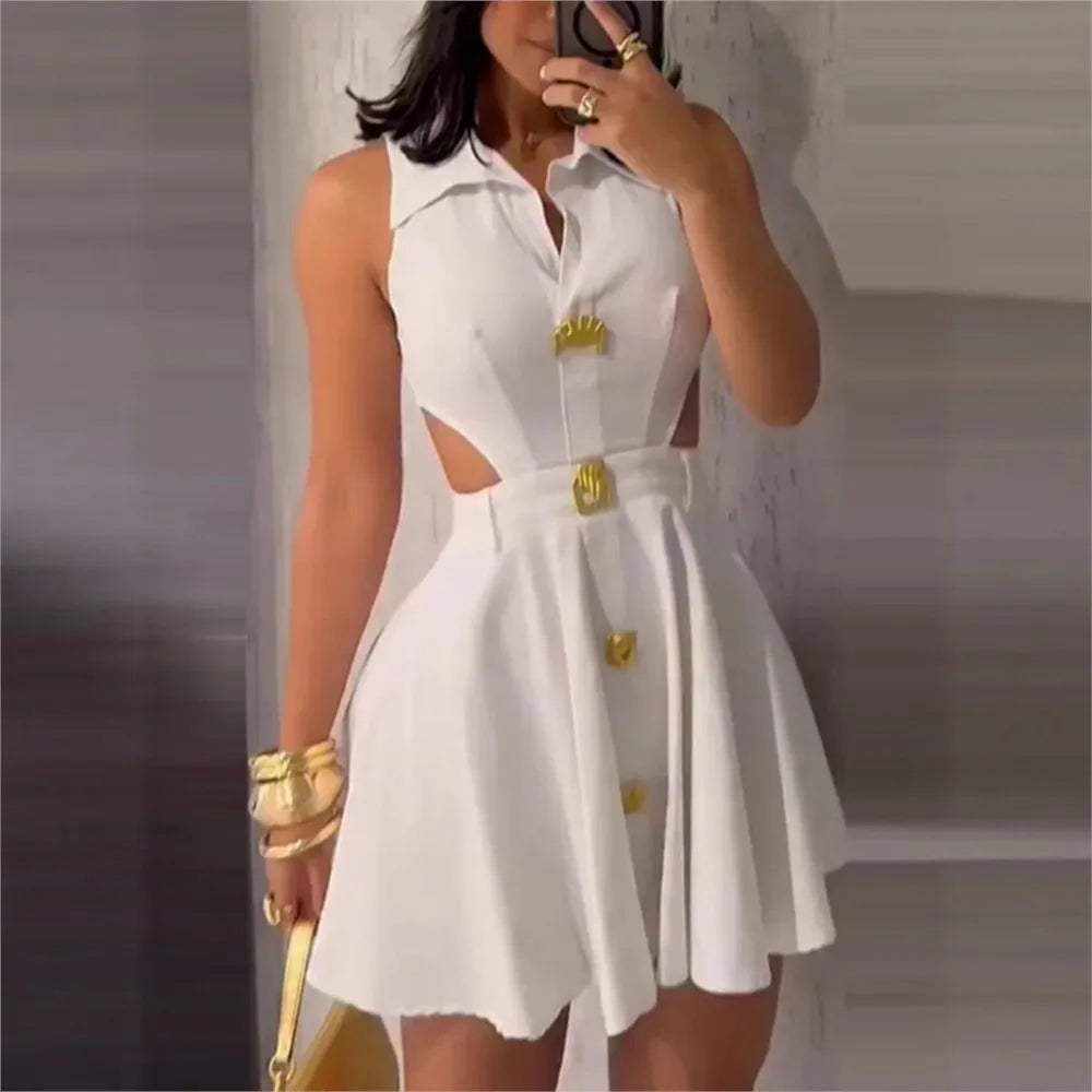 Women's Fashionable Mini Dress 2025 Summer Sleeveless Hollowed-out Lapel Shirt Dress with Button Temperament Elegant Short Skirt